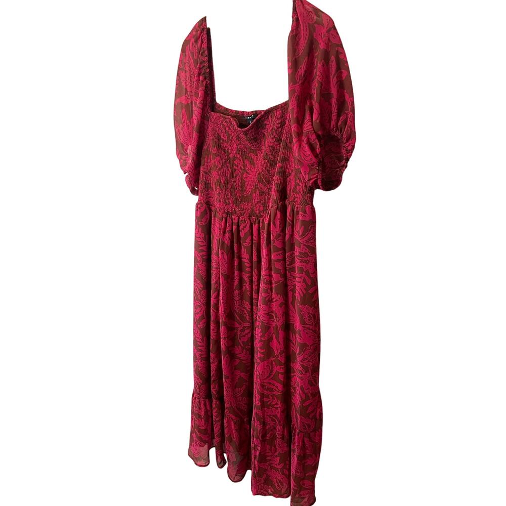Torrid Cottage Core Smocked Bust Puff Sleeve Red Floral Midi Dress Size 2 (2X) - Picture 2 of 13